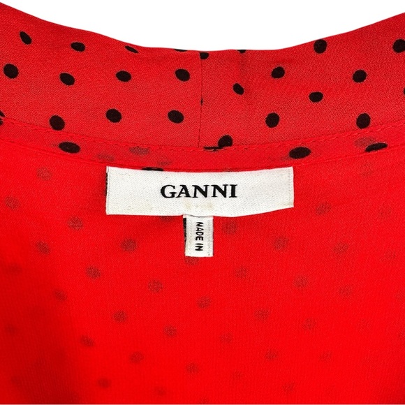 GANNI Mullin Georgette Red Aymmetric Polka Dot Long Sleeve Wrap Midi Maxi Dress - Picture 10 of 16
